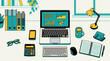 © Albilais - Modern office desk setup with laptop displaying charts, keyboard, mouse, calculator, glasses, and plant.