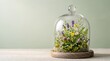 © amera - A delicate miniature wildflower meadow with tiny colorful flowers and green plants preserved under a clear glass bell jar on a wooden base