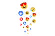 © Sk - Colorful social media reaction emoji collection arranged in a falling trail. Happy love and expressive icons create a playful pattern. Modern engagement symbols for online communication.