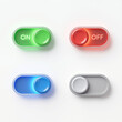 © mubashar - Realistic toggle switch set with on and off states. Green, red, blue, and gray glossy slider buttons. 3D style interface elements with glow effects for web UI design.