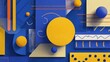 © Crafted - Abstract 3D papercraft composition with geometric shapes in blue and yellow.