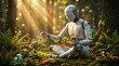 © Zilam - Robot in forest with butterfly holding flower and bird on hand peaceful nature scene.