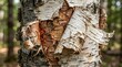© Kawsar Rushan - Close up of white birch tree bark peeling away to reveal the textured orange and brown inner wood layers in forest