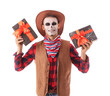 © Pixel-Shot - Young happy man dressed as cowboy for Halloween with gift boxes isolated on white background