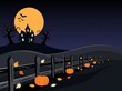 © VectSpeare - Spooky halloween scene with pumpkins and a haunted house under a large full moon at night time