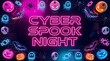 © Sumaya - Neon cyber spook night poster featuring glowing halloween icons including skulls pumpkins and ghosts in dark digital style