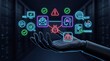© ZK Visuals - Cybersecurity AI protection icons over robotic hand, digital network security and phishing alert, artificial intelligence data safety