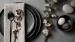© Ashi - Elegant table setting on grey background, flat lay with sophisticated dining arrangement, stylish tableware, plates, cutlery, glasses, decorative elements, modern dining decor, refined hospitality con