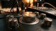 © Matweymax - Closeup of brushed metal audio mixer knobs and control dial on a dark sound board, lit by warm studio light, with blurred cables and equipment in the background for music production setup