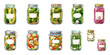 © CoralFox - Collection of illustrated pickled vegetable jars with blank labels on transparent background. Homemade organic farm preserve packaging sticker and autumn harvest food design.