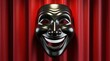 © Oleksandr - Black smiling comedy mask hangs against vibrant red stage curtains. Classic theatrical symbol represents drama performance art, entertainment culture. Decorative 3D render displays happy emotion