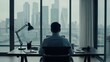 © yofi - Professional businessman working at a modern office desk overlooking a scenic city skyline during a calm overcast afternoon