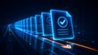 © Nurul - Glowing digital documents with checkmarks moving on a fast data highway representing secure electronic verification and high speed batch processing.
