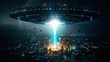© Stock by Anika - A massive alien mothership hovering over a night city with a bright energy beam. Represents science fiction invasion themes for cinematic storytelling and conceptual art.