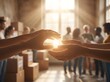 © Stefanus - Two people reaching out hands towards each other in a bright warehouse with volunteer group with volunteers working background sunlit warehouse blurred