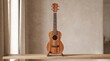 © Raphael - Acoustic Ukulele on Display: A finely crafted acoustic ukulele with a warm wood finish rests on a stand, bathed in soft, natural light, evoking a sense of calm and creative inspiration.