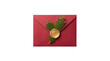 © LABONI - Red envelope sealed with gold wax stamp and pine branch isolated on transparent background