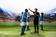 © DC Studio - Soccer referee in black shows a yellow card to a protesting player, with teammates confronting the match official and complaining about the disciplinary decision during a heated game on the pitch.