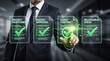 © MRSRAHIMA - Businessman's hand touching digital screen displaying project milestones budget approval client contract deliverables check with glowing green checkmarks