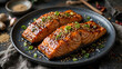 © Faithly Pixels - Glistening Glazed Salmon Fillets: Two perfectly cooked salmon fillets, coated in a rich, glossy glaze and sprinkled with sesame seeds and fresh green onions, are presented on a dark, textured plate.