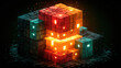 © Keopaserth - Abstract data cube stack glowing cube digital network three level stack dark background modern technology 3D render futuristic structure luminous block data storage big data computer generated