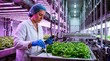 © Wasun - Vertical farming hydroponic food tech lettuce crop greenhouse woman scientist lab coat blue glove tablet sensor indoor agriculture plant produce factory rack light leaf fresh organic cultivation