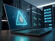 © Shakil - Laptop showing cyber security warning and padlock on screen in server room