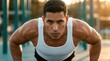 © Masque - Intensely focused Hispanic man performing bodyweight push-ups in an outdoor gym setting.