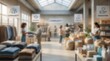 © Arham - blurred interior of community outreach center, volunteers sorting clothes and food donations, signage for support and charity.