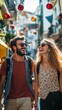 © Oleksandr - Carefree young couple laughing while walking through charming European street decorated with festive red Christmas baubles, sharing joyful moment in warm sunlight atmosphere.