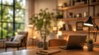 © Suhit - Home office workspace cozy blurred interior laptop desk lamp bookshelf warm light plant apartment room professional remote work setting