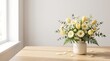 © S.DESIGN - Yellow tulip and white daisy flowers bouquet in simple ceramic vase placed on wooden table top surface.