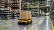 © Maham - Autonomous mobile robot carrying large cardboard boxes through a modern industrial warehouse with tall storage racks and yellow floor markings