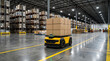 © Maham - Autonomous industrial robot carrying a tall stack of cardboard boxes through a massive modern warehouse facility with bright overhead lighting