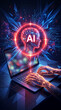 © Inspire Shots Hub - Abstract digital head powered by AI, with glowing circuitry and a laptop, symbolizing intelligence and technology integration