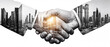© itlada - Business handshake double exposure with cityscape featuring black and white modern skyscrapers, isolated on a white background for corporate partnership and investment media