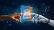 © Husnain Visuals - Human hand and robotic hand touching a bright digital graduation cap icon representing artificial intelligence driven modern academic learning systems