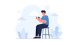 © Sagara - Modern Flat Illustration of a Man Using a Smartphone While Sitting on a Stool with a Light Blue, Abstract Background