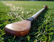 © Reg - Traditional wooden hurling stick precisely placed on a vibrant green sports field, reflecting the rich heritage and readiness for an exciting Gaelic game