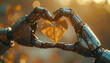 © HumblePride - Robotic Affection: Two metallic hands form a heart shape around a delicate autumn leaf, symbolizing the fusion of technology and nature's beauty, bathed in a warm, golden light.
