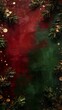 © Yan - Vertical format painterly Christmas background in deep burgundy red and dark green with pine branch corners, gold glitter dots and ample central copy space for invitations.