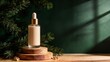 © Yan - Minimalist foundation bottle with gold cap displayed on stacked wooden discs with fresh pine branches and delicate gold bow decorations nearby.