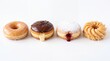 © Abdul - Four delicious assorted donuts arranged in a neat row for snack time served on white background