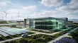 © Nishat - Data center facility powered by wind turbines and solar panels with glowing green energy flow lines connecting to server racks inside the building