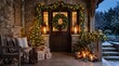 © ali - Cozy Christmas porch with festive wreath and glowing lights. Rustic stone house entrance decorated for winter holidays. Warm outdoor holiday decor.