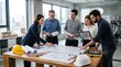 © Stock Haven - Professional architects reviewing blueprints in office, engineering team planning construction project, diverse colleagues discussing floor plans