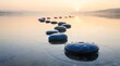 © Md Arif Babu - Zen stepping stones in calm water at sunrise, peaceful path of black pebbles on lake, wellness and meditation background