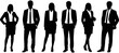 © MDNAJMUL - A collection of six business people standing in a row, rendered as solid black silhouettes wearing formal office clothing, isolated on a white background, for clear viewing