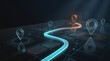 © NW Stock Art - Digital supply chain tracking interface featuring glowing navigation path and location pins on futuristic map representing global logistics network