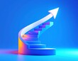 © Abdul - White arrow following the spiral staircase of growth on blue background, 3D arrow climbing up over spiral staircase, 3d stairs with arrow going upward, 3d rendering